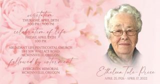 Our dear Sister Toole-Price was called home to be with the Lord early Easter Sunday morning, April 17th.  Please keep the Davies family in your prayers, along with the Church family.