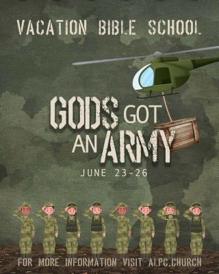 BOOT CAMP!! Can you survive it?  Accept the challenge and join us!  You don’t want to miss out on this years VBS! 
Ages 5-12 yrs
•
Thursday June 23 at 7:30 PM - 9:00 PM
Friday June 24 at 10:00 AM - 2:00 PM
Saturday June 25 at 10:00 AM - 2:00 PM
Sunday June 26 at 10:00 AM - 12:00 PM